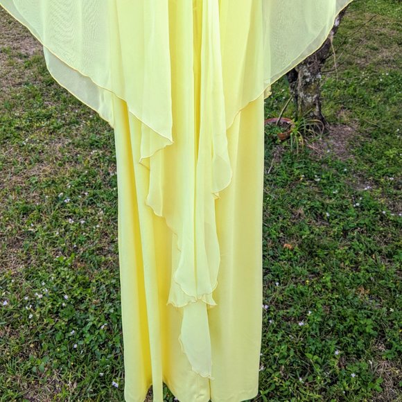 Vintage Yellow Goddess Long Dress with Chiffon Drape and Waist Tie - X-Small? - Picture 7 of 16